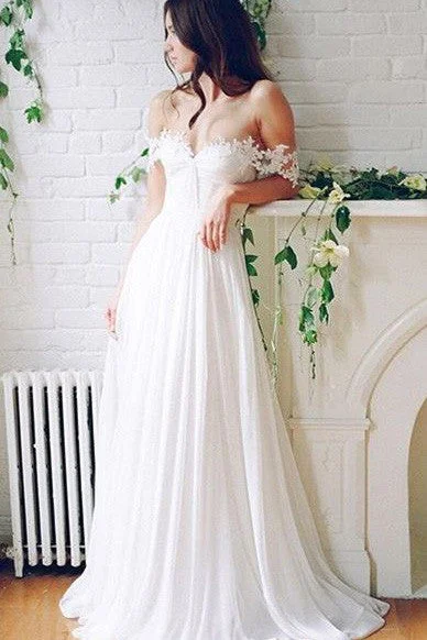 Off-the-shoulder A-line Lace Beach Wedding Dress,Simple White Chiffon Prom Dress OK282