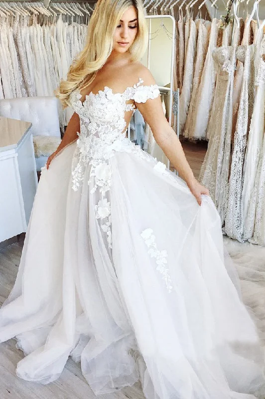 Off-The-Shoulder Appliqued Lace Long Tulle A-line Wedding Gowns OKU84