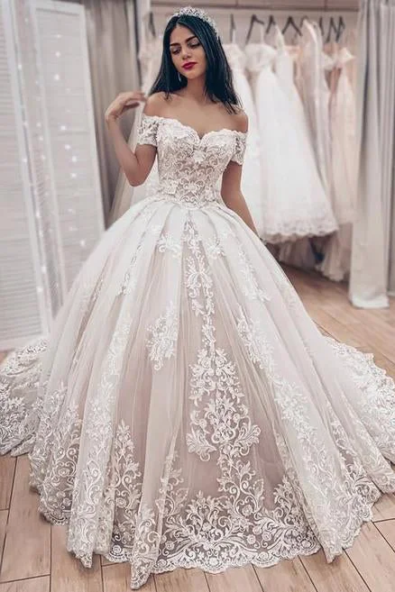 Off The Shoulder Lace Appliques Wedding Dress Princess Tulle Bridal Gown OKY66