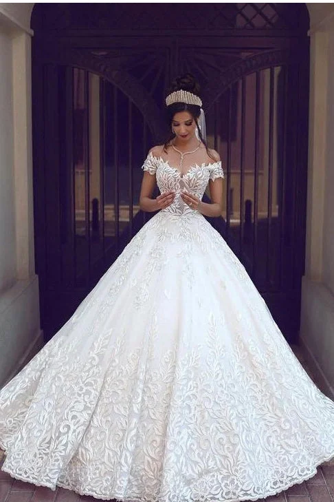 Off the Shoulder Short Sleeve Lace Ball Gowns Wedding Dress OK870