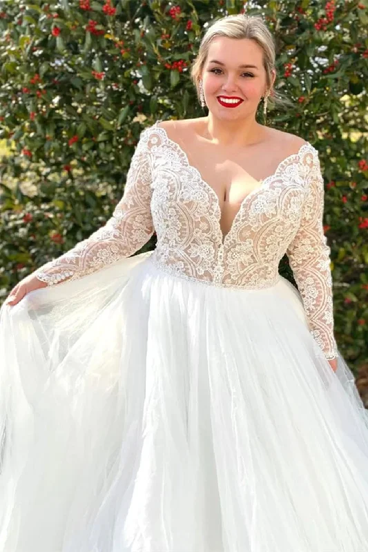 Off White Lace Top V-Neck Long Sleeves Backless Wedding Dress OK1618