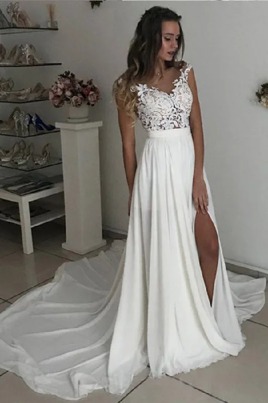 Off White Long Chiffon Cap Sleeves Split Wedding Dress With Lace OKA53