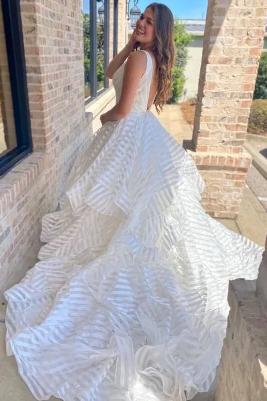 Off White V-Neck Backless A-Line Stripes Wedding Dress Bridal Dress OK1539