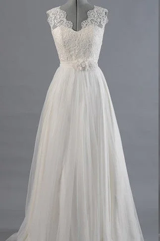 Princess A Line V Neck Ball Gown White Lace Tulle Wedding Dress With Flowers Belt OK183