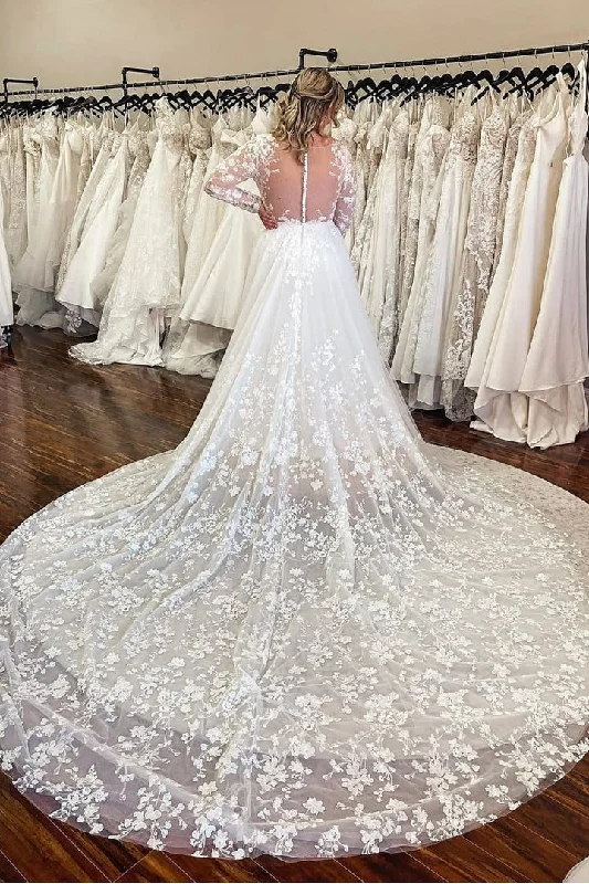 Princess Lace Long-sleeves Appliques A Line Wedding Dress with Cathedral Train OK1585