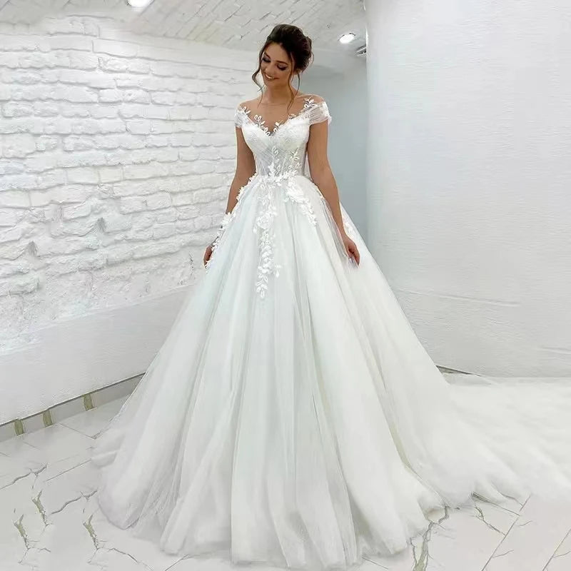 A Line Wedding Dress Sweetheart Cap Sleeve 3D Appliques Boho Bridal Gowns