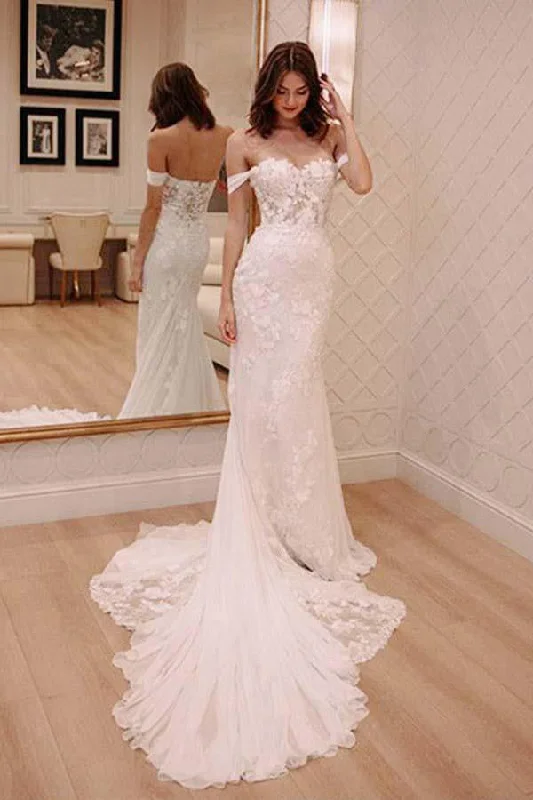 Princess Off Shoulder Court Train Chiffon Long Wedding Dresses with Lace Appliques OKA51