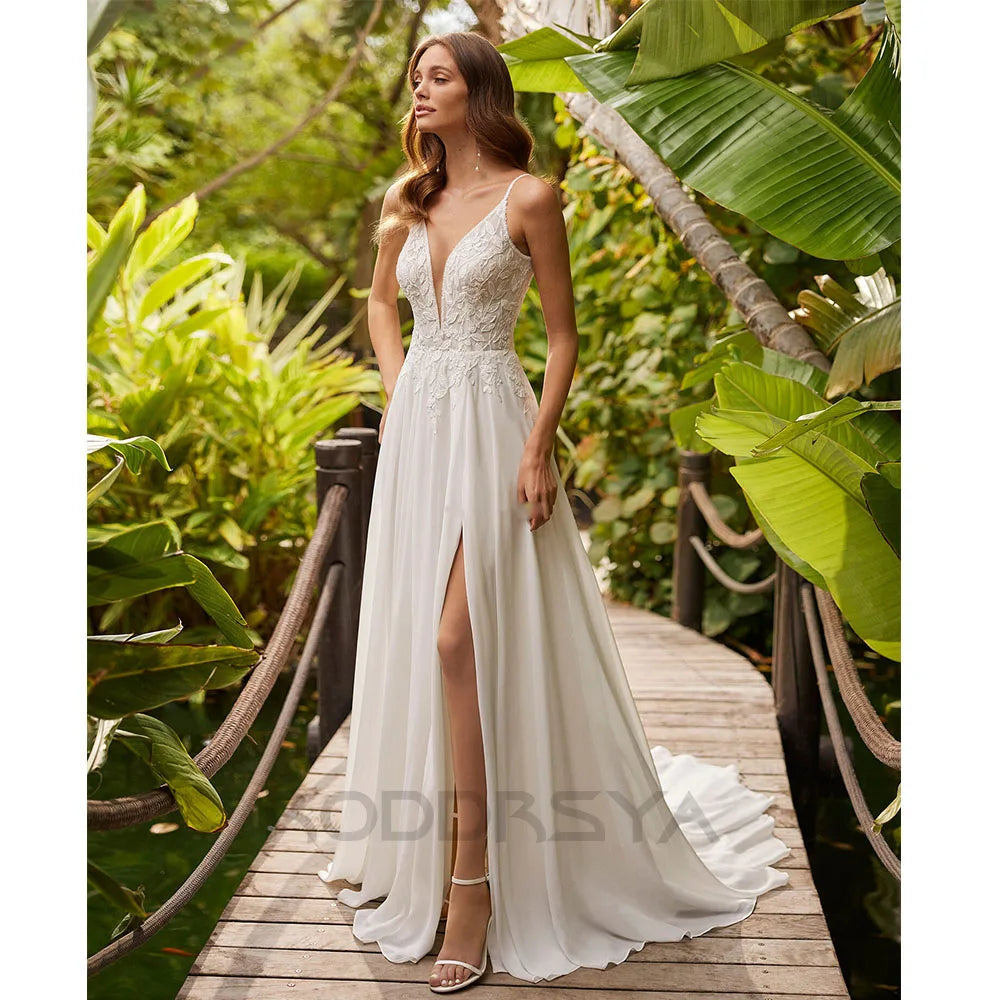 Wedding Dresses For Woman Civil Beach V-Neck Appliques Lace Split Bridal Gowns