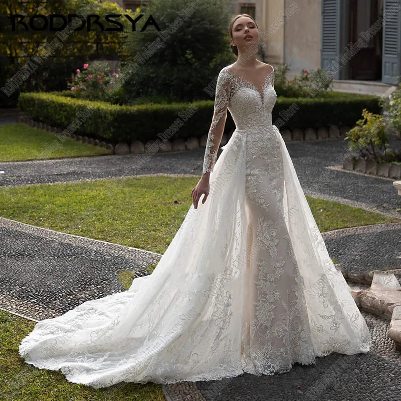 V-Neck Appliques Mermaid Wedding Dress Elegant Long Sleeve Tulle Bridal Gowns