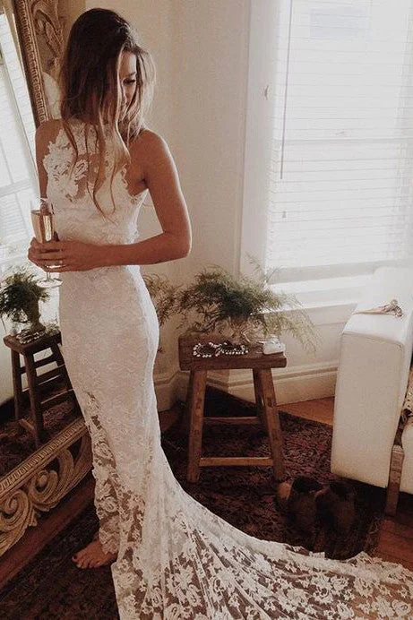 Romantic Boho Beach Wedding Dresses,Lace Mermaid Princess Backless Wedding Gown OK167