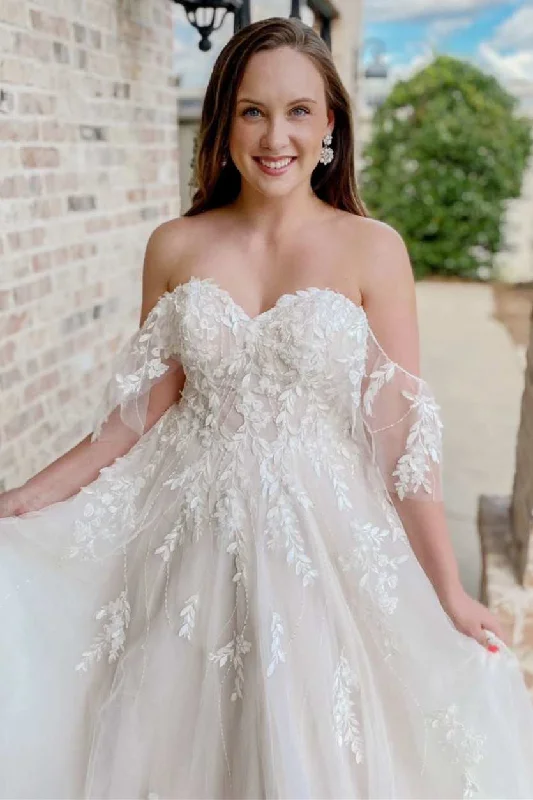 Romantic Off White Appliques Off-the-Shoulder Sweetheart A Line Long Wedding Dress OK1623