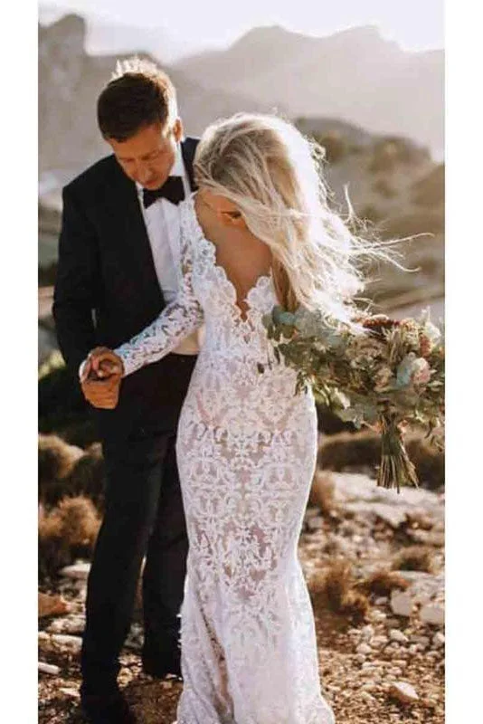 See Through Lace Long Sleeve Backless Mermaid Wedding Dresses OKF82