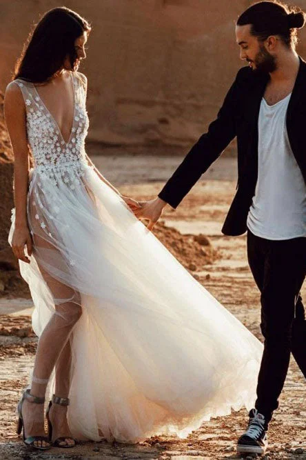 Sexy A-line Deep V-Neck Sweep Train Wedding Dress with Appliques Split OKR39