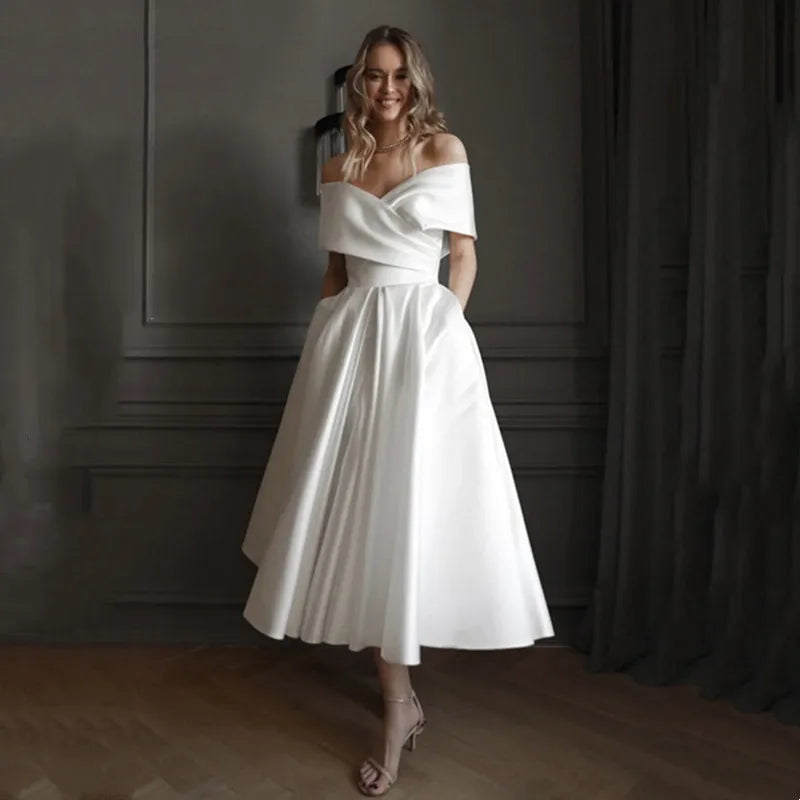 A-Line Wedding Dress Strapless Boho Wedding Gown Simple Off The Shoulder Plain