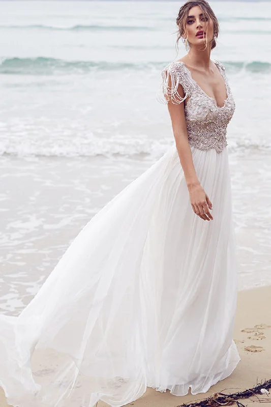 Sexy Beading A Line Chiffon V-neck Long Beach/Coast Wedding Dress,Summer Wedding Gown OK267