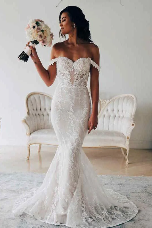 Sexy Mermaid Backless Off the Shoulder Lace Long Wedding Dress Bridal Dresses OKZ34