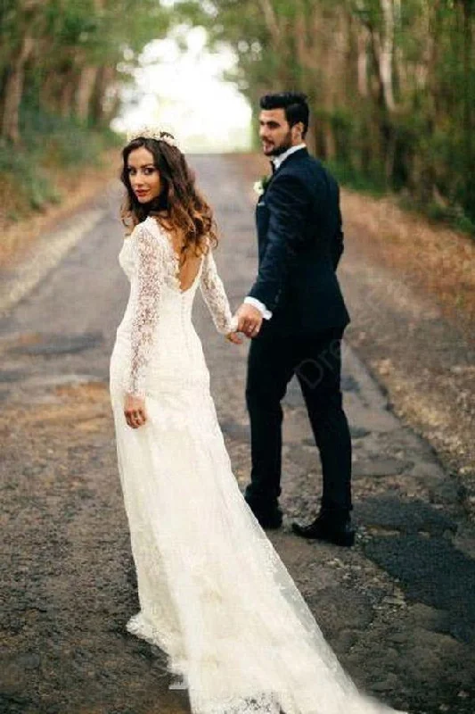 Sexy Mermaid Long Sleeves V Neck White Lace Backless Wedding Dresses OK567