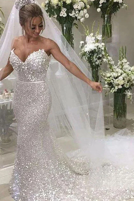 Sexy Mermaid Sweetheart Silver Full Sequins Long Wedding Dress Bridal Dress OK1512