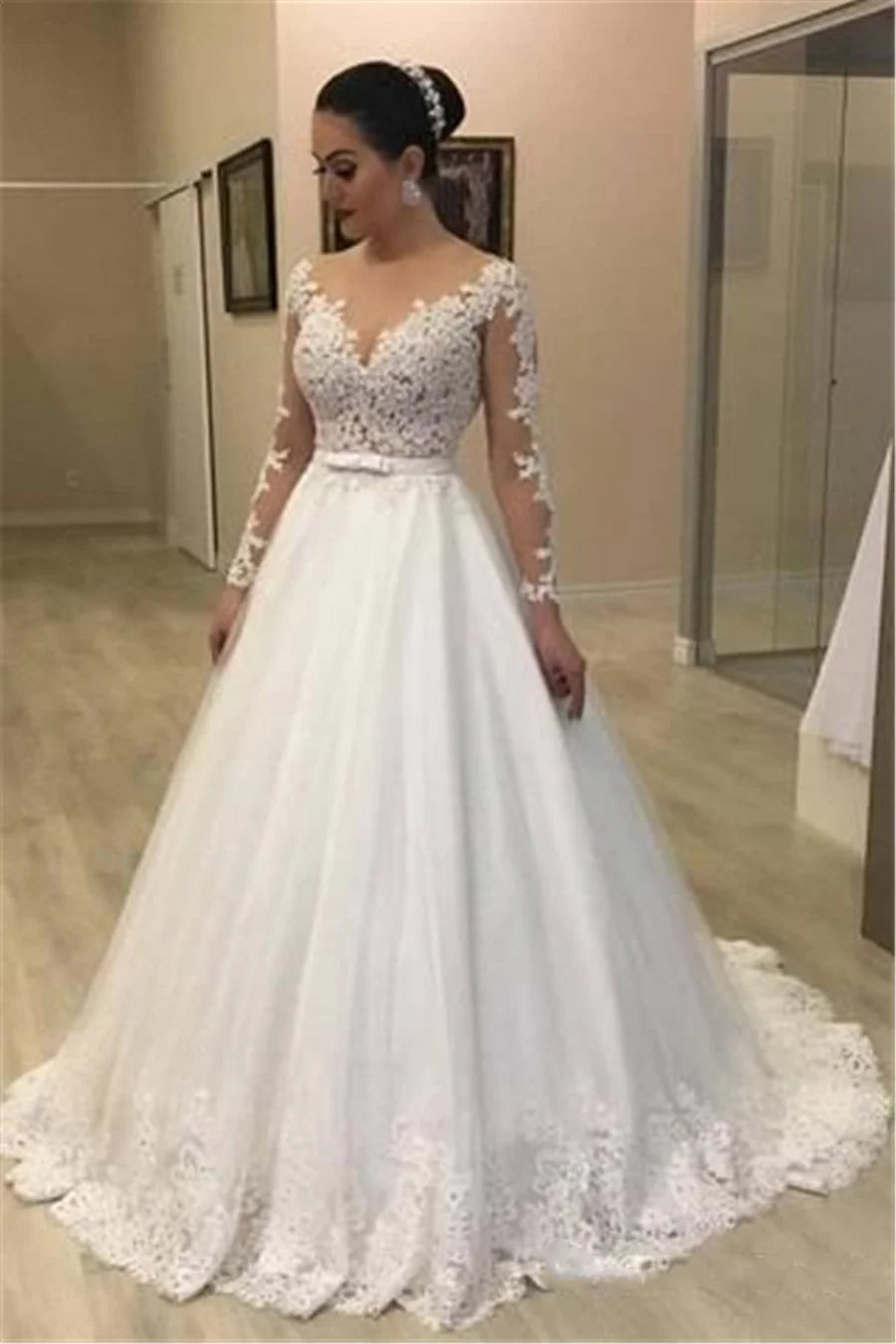 Sheer Long Sleeves Mermaid Wedding Dresses See Through Back Custom Two Pieces