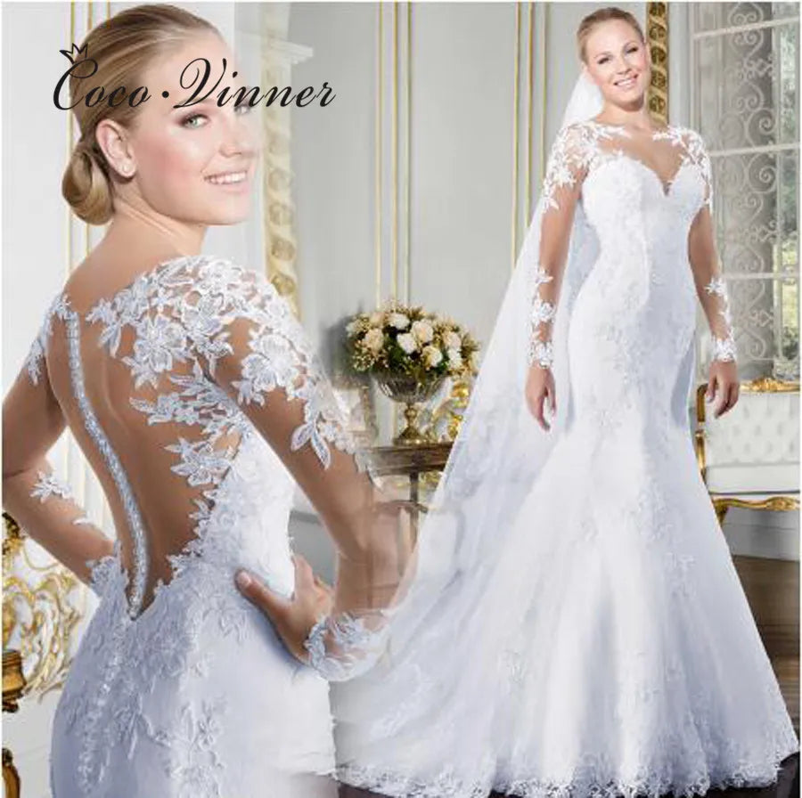 Sheer V-neck Long Sleeve Mermaid Wedding Dresses Illusion Back Lace