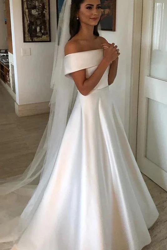 Simple A-line Ivory Wedding Dress Satin Off The Shoulder Bridal Gowns OKX3