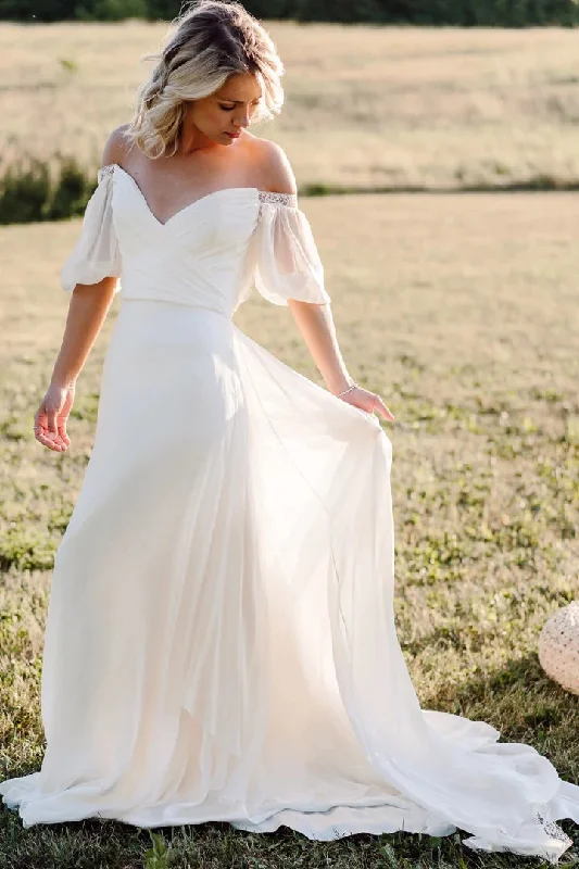 Simple Beach Bridal Dress with Off-the-shoulder Neckline Boho Wedding Dresses OK1704