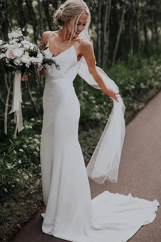 Simple Boho V-Neck Wedding Dress Sleeveless A-Line Spaghetti Straps Bridal Dress OKW42