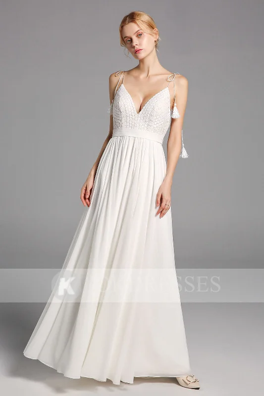 Simple Chiffon Long Wedding Dresses A-line Spaghetti Straps Bridal Gowns OKV14