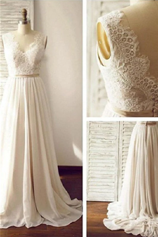 Simple Long Chiffon Lace A-line V-neck Beach Wedding Dress W36