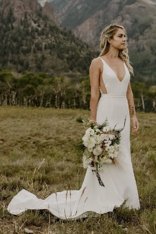 Simple Outside Mermaid Beach Wedding Dress with V-neckline OK1289