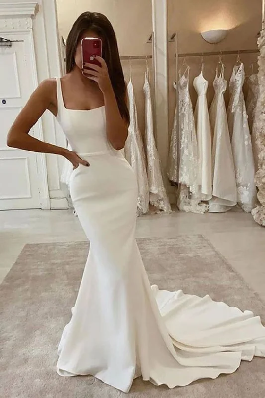 Satin Square Neck Long Wedding Dress with Mermaid Train OK1427