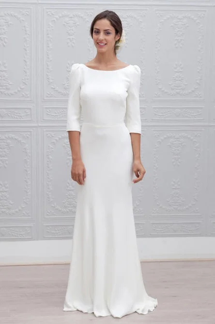 Simple Sheath Bateau Backless 3/4 Sleeves Sweep Train Beach Wedding Dress OKS35