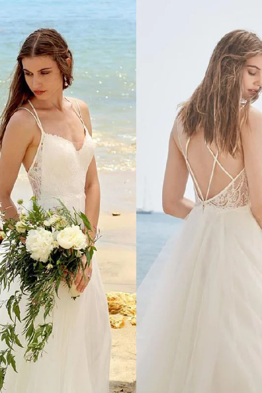 Simple Spaghetti Straps Ivory A Line Tulle Beach Wedding Dresses OK677