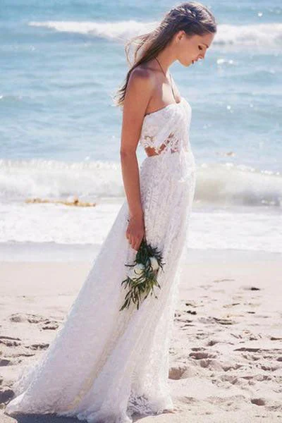 Simple Strapless Lace Long White Beach Wedding Dress OK534