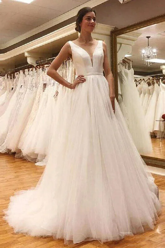 Simple V Neck V Back Off White Tulle Long Bridal Dresses, A Line Wedding Dresses OK1729