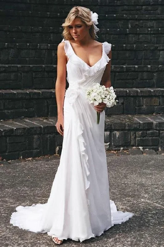 Simple White V-neck Chiffon Ruffles Sleeveless Wedding Dresses Bridal Gowns OK596