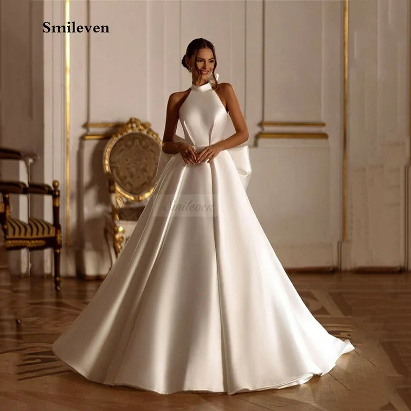 Neck Wedding Dresses Halter White/Ivory Satin Mermaid