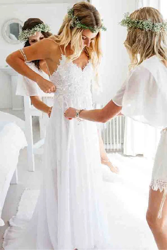 Spaghetti Strap White Chiffon Lace Appliqued V-neck Summer Beach Wedding Dress OK548