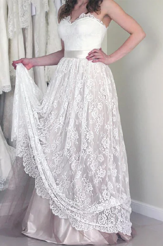 Sweetheart Sleeveless Long White Lace A Line Wedding Dresses with Belt OK528