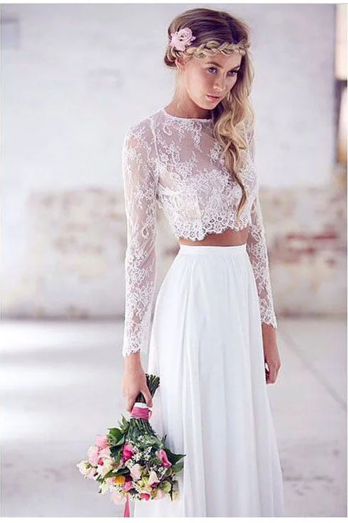 Two Pieces Long Sleeves Lace Beach Wedding/Bridal Dress,Elegant White Sexy Wedding Gown OK261