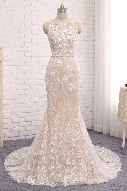 Unique Mermaid White Sleeveless Prom Dresses,Lace Long Sweep Train Wedding Dress OK636