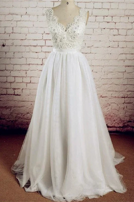 V-neck Ivory Lace Beading Long Handmade A-line Tulle Wedding Dress W28