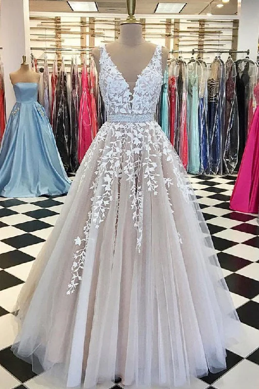 V neck Tulle Lace Long Wedding Dresses,Tulle Ball Gown Prom Dress With Appliques OK402