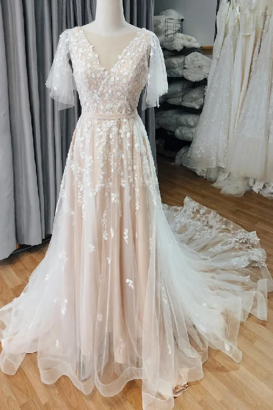 Vintage Blush A-line Wedding Dress With Flutter Sleeve Lace Appliques OKU79