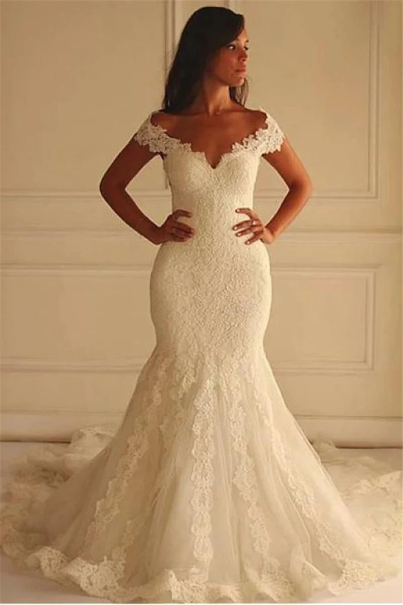 Vintage Full Lace Ivory Wedding Dresses Mermaid Off The Shoulder Women