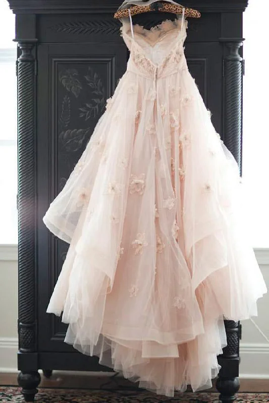 Vintage Strapless Sweetheart A Line Flower Tulle Pearl Pink Wedding Dresses OK589