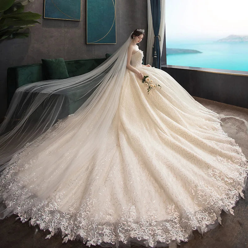 Wedding Dress Classic Strapless Wedding Gown With Train Lace Up Ball Gown