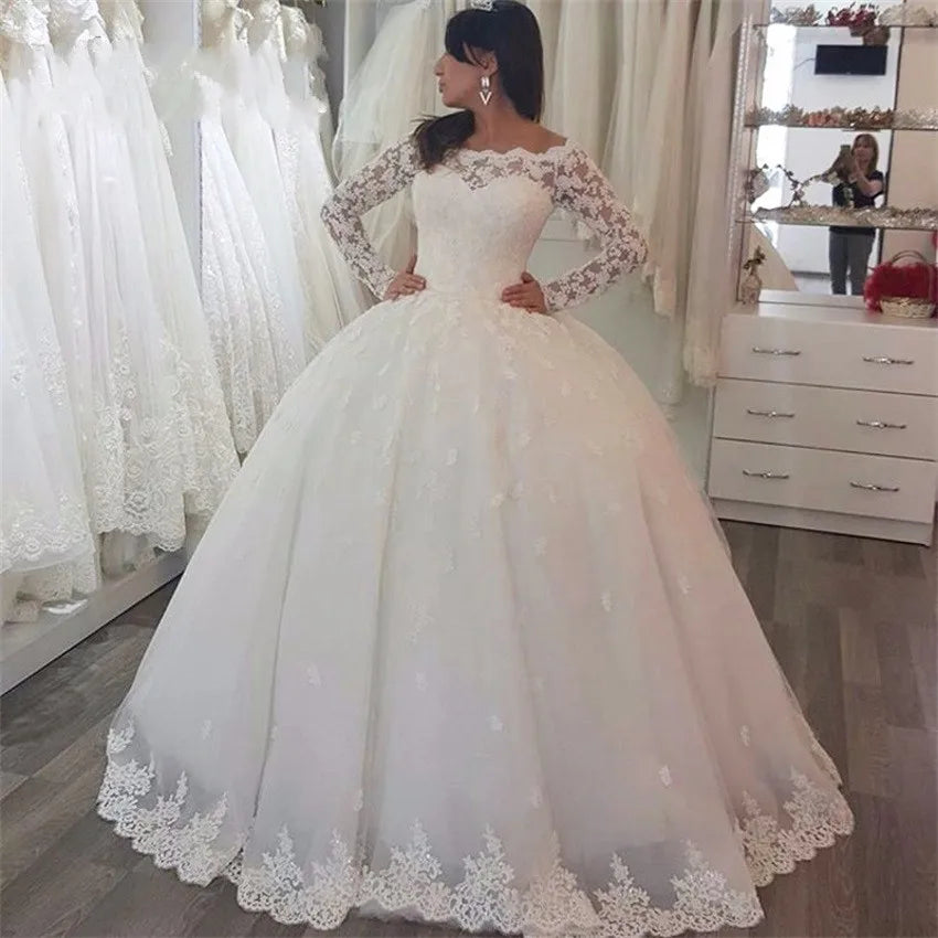 White Appliques Long Sleeves Puffy Wedding Dresses Ball Gowns