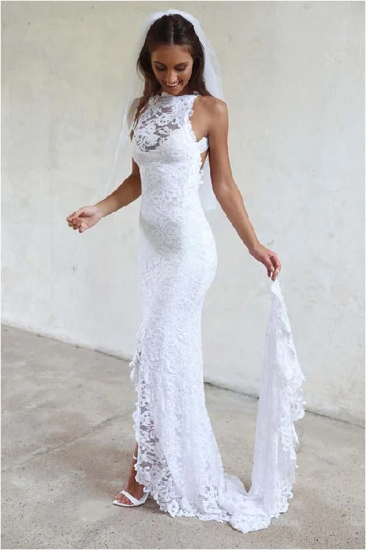 White High Neckline Lace Backless Mermaid Wedding Dress With Court Train OK568