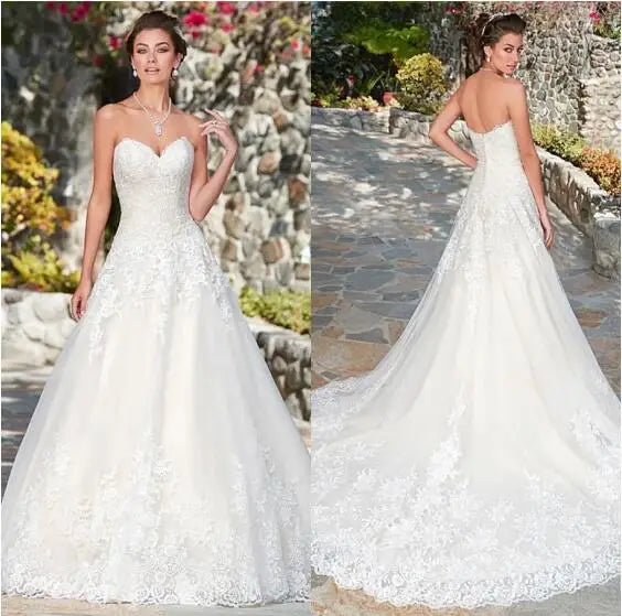 White Sweetheart Neck Tulle Lace Applique A-line Wedding Dress